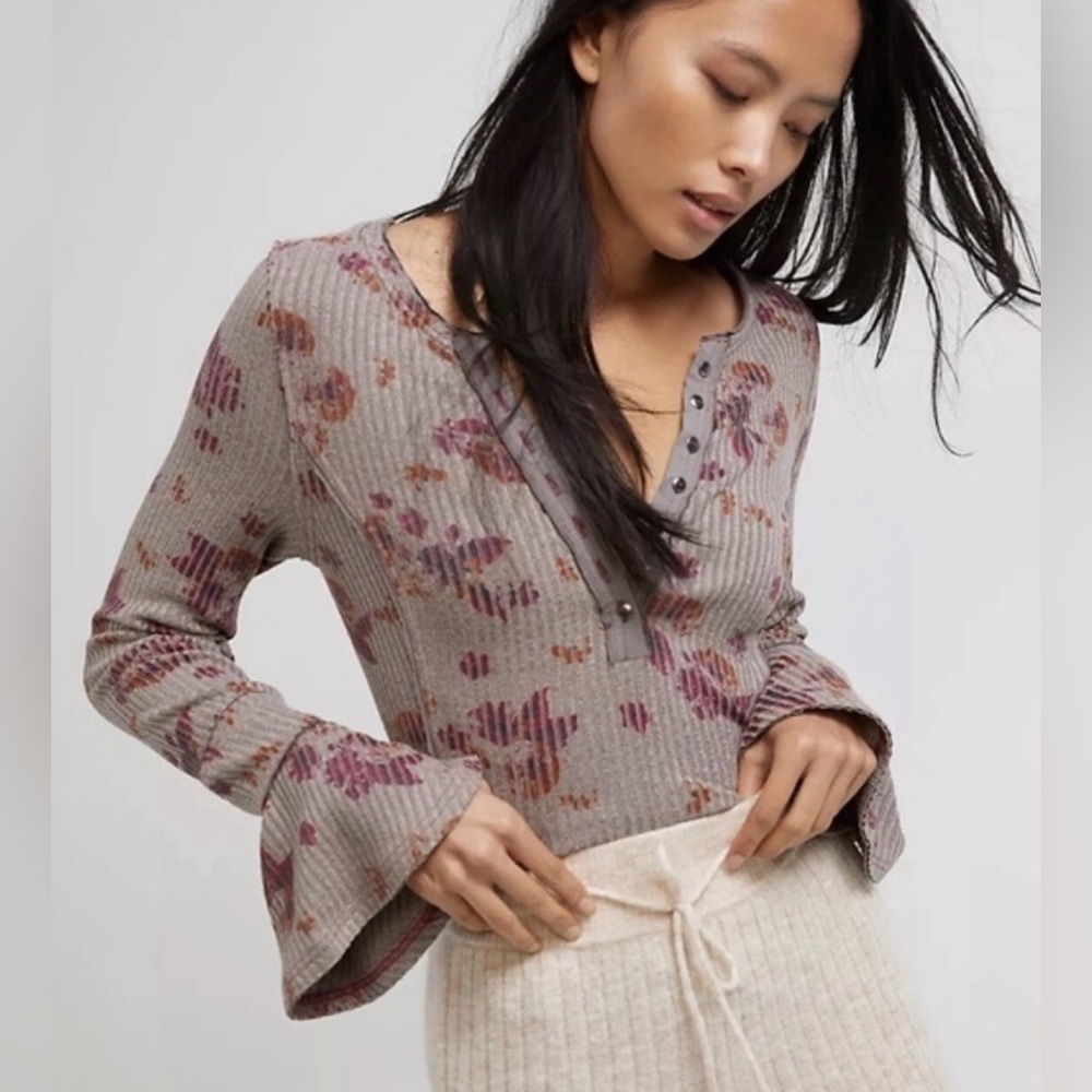 Free People Layer Me Floral Henley Top Bell-Sleeve Shirt